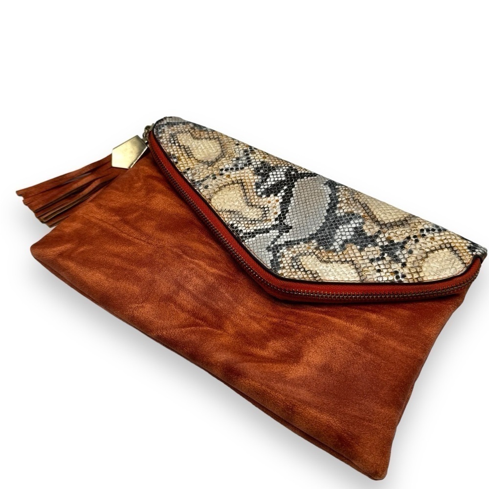 Vieta Vegan Leather & Faux Python Fold Over Clutch w/Tassel